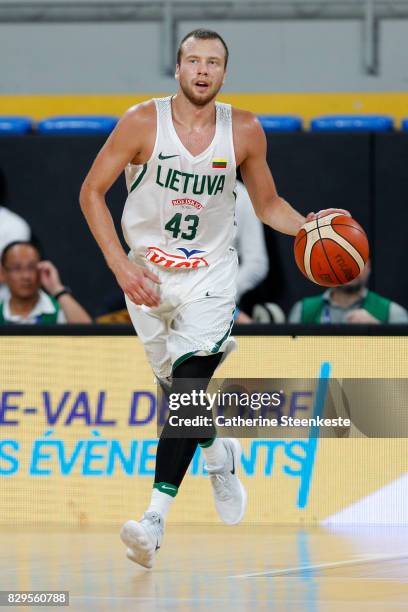 Lukas Lekavicius of Lithuania is bringing the ball up during the international friendly game between France v Lithuania at Palais des Sports on...