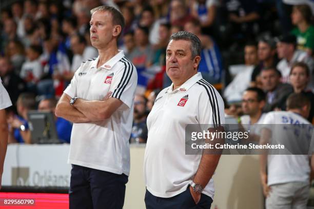 Pascal Donnadieu Assistant Coach of France and Vincent Collet Head Coach of France look on during the international friendly game between France v...