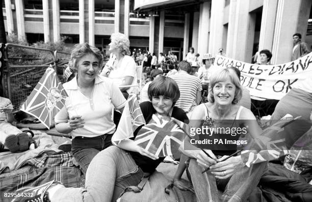 Joan Roddam, from Darras Hall, Newcastle Upon Tyne, her daughter Wendy, 15 and Joan Percy, from South Queensferry, West Lothian, stake out their...