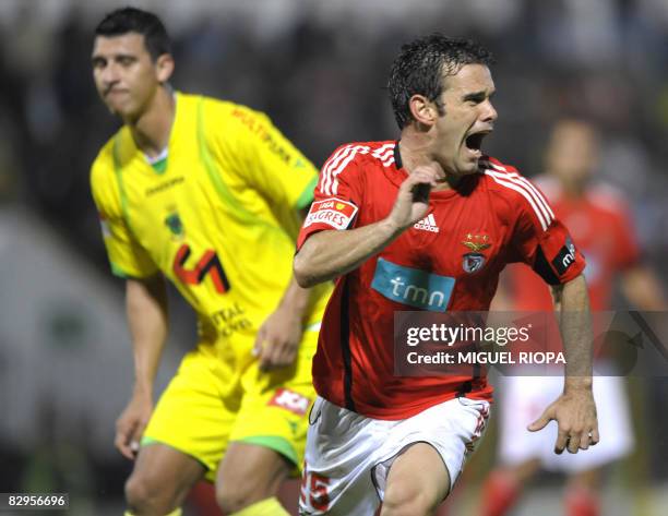 Benfica's Jorge Ribeiro celebrates after scoring against Pacos Ferreira during their Portuguese Super league football match at the Mata Stadium in...