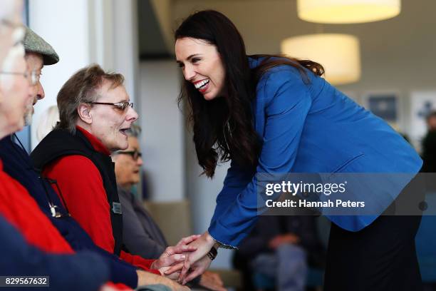 Labour Party leader Jacinda Ardern talks to residents at Selwyn Village retirement community on August 11, 2017 in Auckland, New Zealand. New polling...