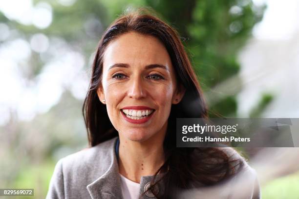Labour Party leader Jacinda Ardern is interviewed by media at Selwyn Village retirement community on August 11, 2017 in Auckland, New Zealand. New...