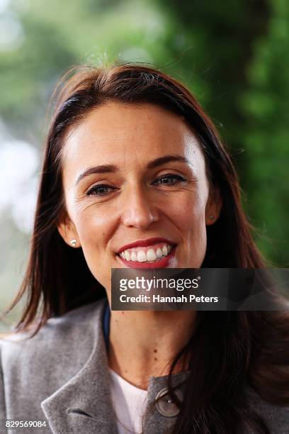 Labour Party leader Jacinda Ardern is interviewed by media at Selwyn Village retirement community on August 11, 2017 in Auckland, New Zealand. New...