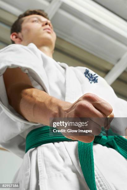 low angle view of a young man practicing karate - grüner gürtel sport stock-fotos und bilder