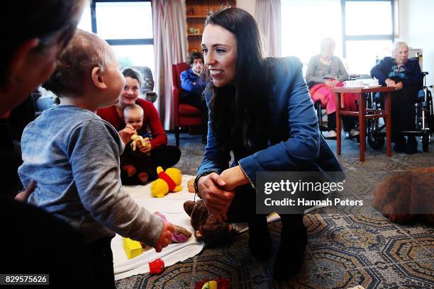 Labour Party leader Jacinda Ardern visits children at Selwyn Village retirement community on August 11, 2017 in Auckland, New Zealand. New polling...