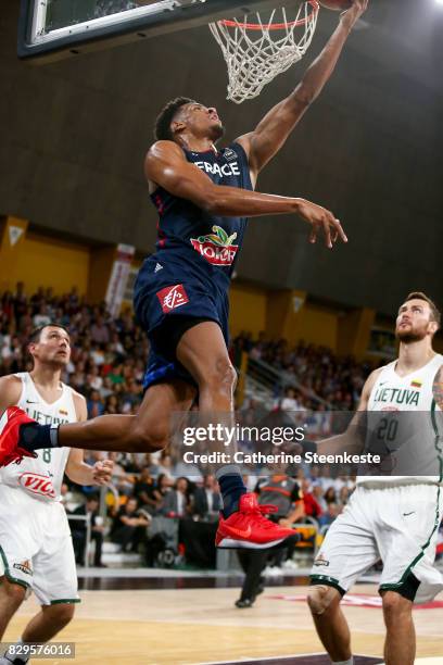 Axel Toupane of France is at the basket during the international friendly game between France v Lithuania at Palais des Sports on August 10, 2017 in...