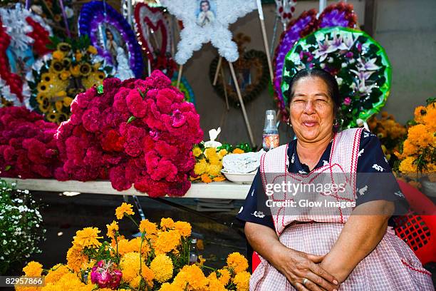 senior woman selling flowers, san juan nuevo, michoacan state, mexico - mexican woman stock pictures, royalty-free photos & images