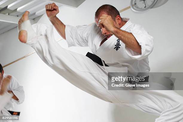 low angle view of a mid adult man practicing karate - arts martiaux photos et images de collection