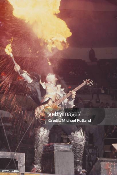 Bassist and singer Gene Simmons of American rock band Kiss spits fire during a 'Dynasty Tour' concert, Columbia, South Carolina, 22nd June 1979.