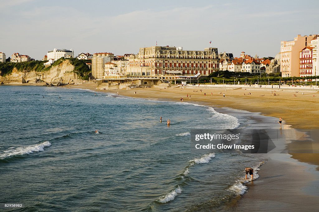 Waves on the beach, Grande Plage, Hotel du Palais, Biarritz, France