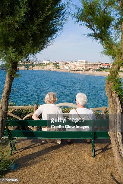 rear view of a couple sitting on a bench, grande plage, hotel du palais, biarritz, france - biarritz stockfoto's en -beelden