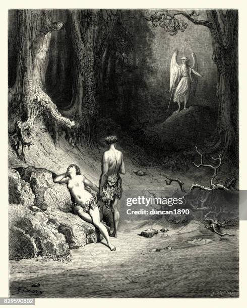 milton's paradise lost - some natural tears they dropt - eve biblical figure stock illustrations