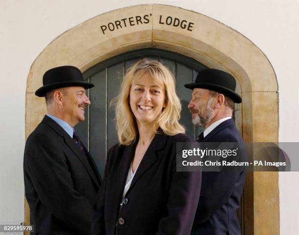 Helen Stephens with fellow porters Grahame Appleby and Peter Thorpe at Jesus College, Cambridge. Miss Stephens will be the first woman to work in the...