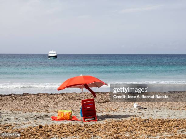 sandy beach with an umbrella, chair and towel on the island of tabarca, alicante, valencian community, spain. - tabarca stock pictures, royalty-free photos & images