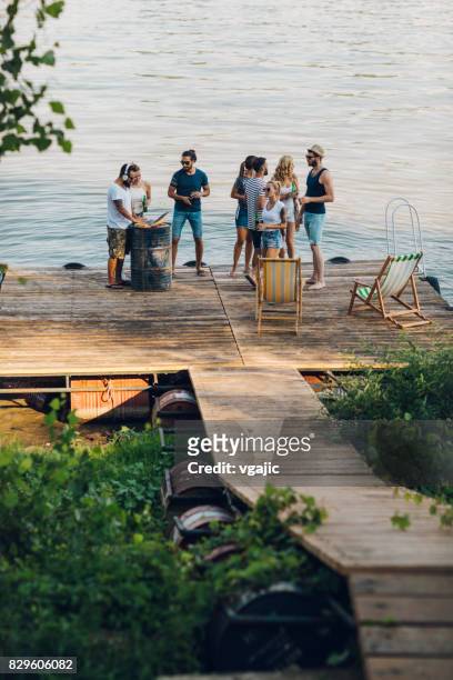 vrienden over summer party - lakeshore stockfoto's en -beelden