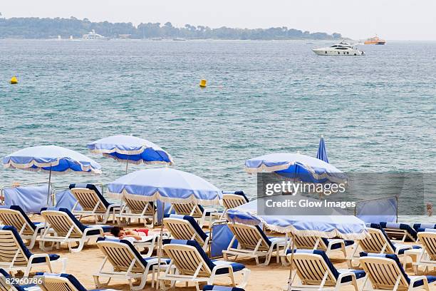 lounge chairs and beach umbrellas on the beach, plage de la croisette, cote d'azur, cannes, provence-alpes-cote d'azur, france - parasol de plage fotografías e imágenes de stock