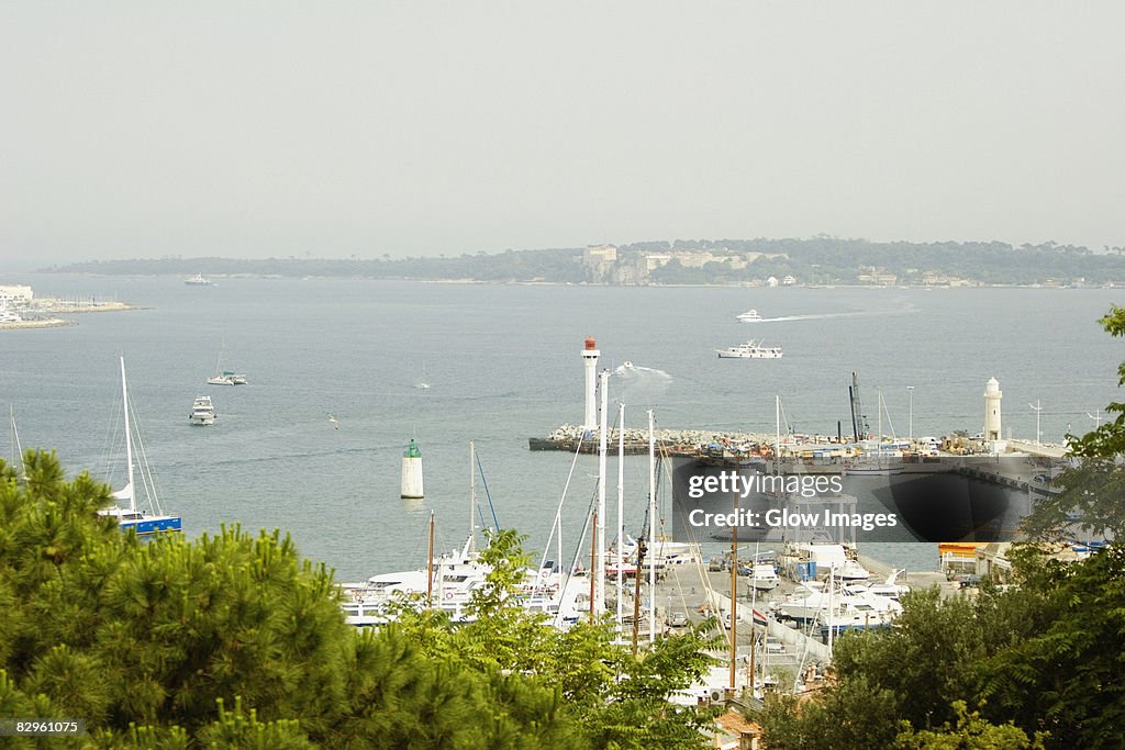 High angle view of ships at a harbor, Vieux Port, Cote d'Azur, Cannes, Provence-Alpes-Cote D'Azur, France