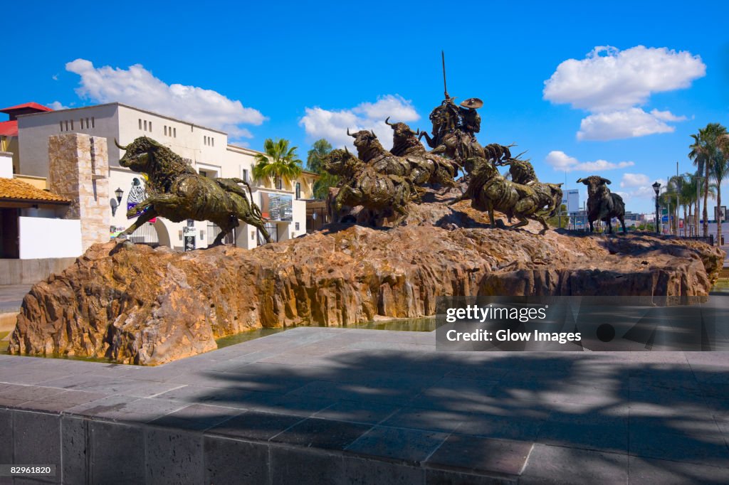 Bull statues at a monument, Monumento al Encierro. Aguascalientes, Mexico