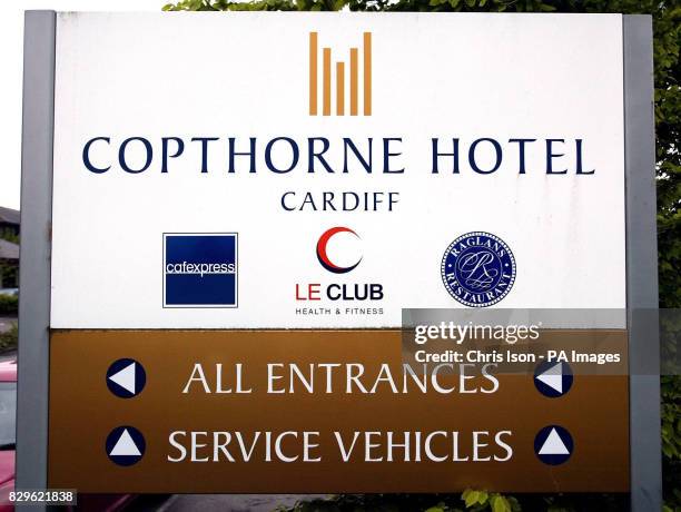 Sign at the entrance of the Copthorne Hotel in Cardiff, where two people died after contracting Legionnaires' Disease. It is alleged the virus was...