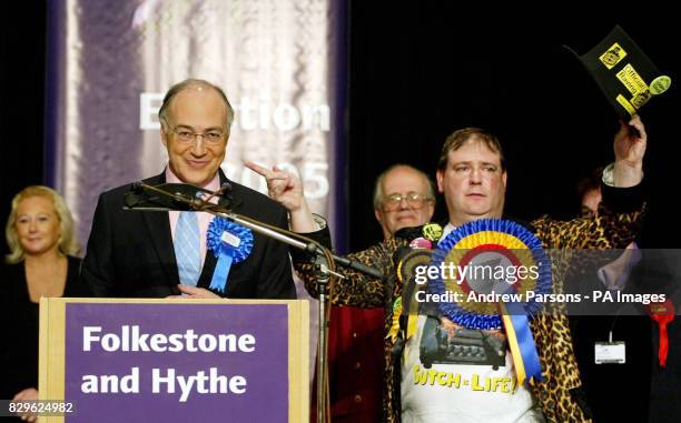 Lord Toby Jug from the Official Monster Raving Loony Party points to Conservative party leader Michael Howard as he makes his acceptance speech in...