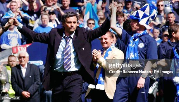 Chelsea manager Jose Mourinho celebrates winning the Barclays Premiership title.