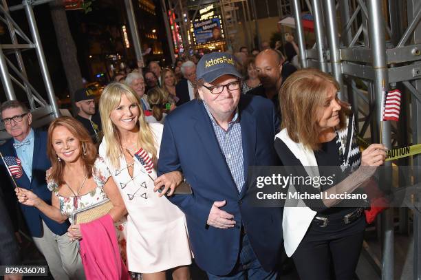 Marlo Thomas, Christie Brinkley, award-winning filmmaker Michael Moore, and Gloria Steinem celebrate his Broadway Opening Night in "The Terms of My...