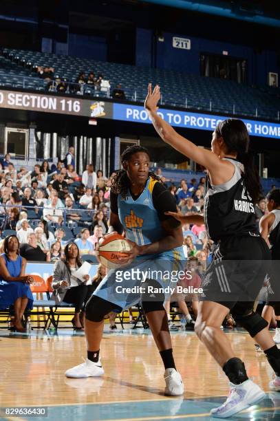 Amber Harris of the Chicago Sky handles the ball against the San Antonio Stars on August 10, 2017 at the Allstate Arena in Rosemont, Illinois. NOTE...