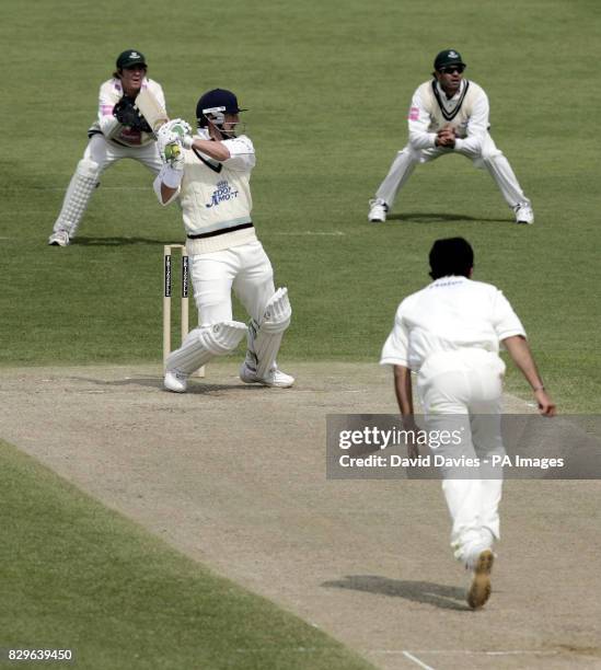 Derbyshire's Michael Di Venuto square cuts a delivery from Worcestershire's Kabir Ali as Derbyshire follow on.