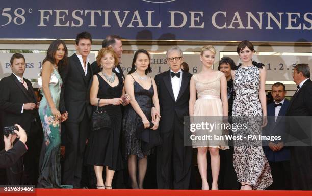 Director Woody Allen with his wife Soon Yi, actresses Scarlett Johansson and Emily Mortimer and actor Jonathan Rhys Meyers .