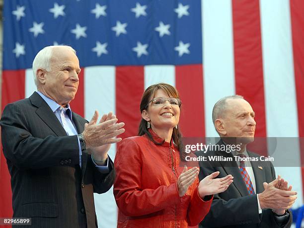Republican presidential candidate John McCain , vice presidential candidate Gov. Sarah Palin of Alaska and Sen. Arlen Specter during a rally outside...