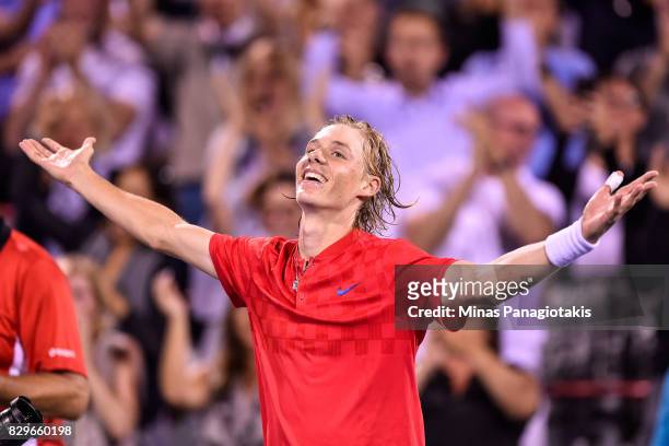 Denis Shapovalov of Canada celebrates his victory over Rafael Nadal of Spain during day seven of the Rogers Cup presented by National Bank at Uniprix...