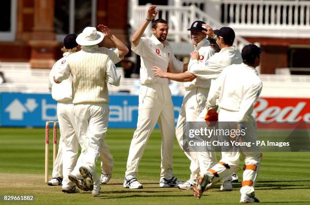 England's Steve Harmison celebrates taking Bangladesh's Mohammed Rafique's wicket.