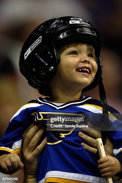 Three-year-old Chase Miller of Fairway cheers during the game between the St. Louis Blues and the Los Angeles Kings on September 22, 2008 at the...