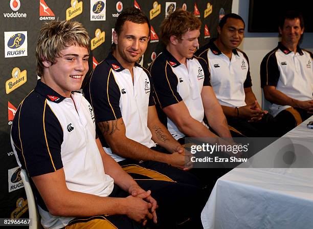 New Wallabies players James O'Connor, Quade Cooper, David Pocock, Sekope Kepu and coach Robbie Deans speak to the media during the Australian...