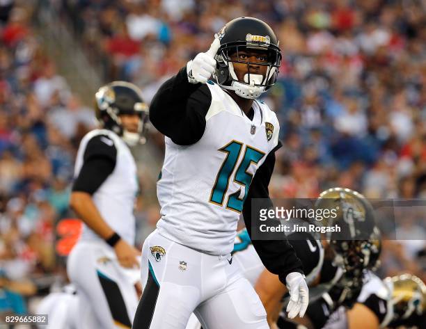 Allen Robinson of the Jacksonville Jaguars gestures in the first half during a preseason game with New England Patriots at Gillette Stadium on August...