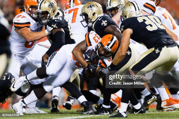 Running back Terrence Magee of the Cleveland Browns runs in a touchdown during the second half of a preseason game against the New Orleans Saints at...