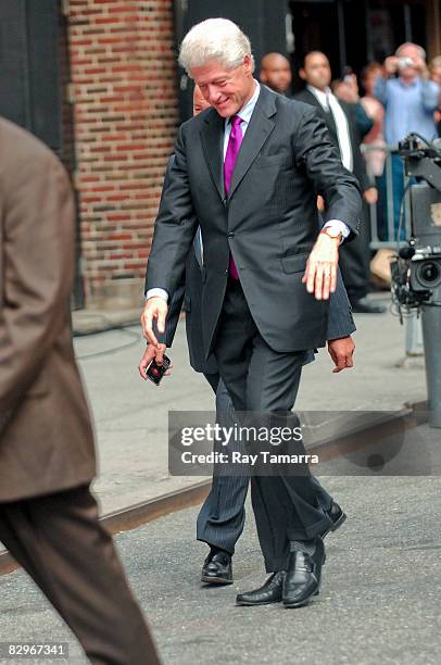 Former U.S. President Bill Clinton visits the "Late Show With David Letterman" at the Ed Sullivan Theatre on September 22, 2008 in New York City.