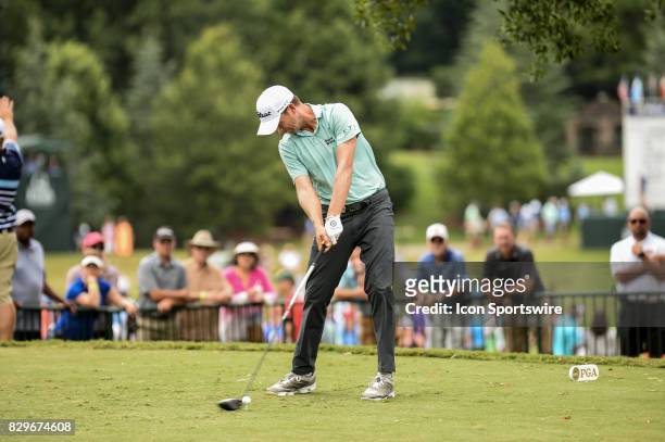 Webb Simpson tees off during 1st round action at the PGA Championship at the Quail Hollow Club on August 10, 2017 in Charlotte, NC.