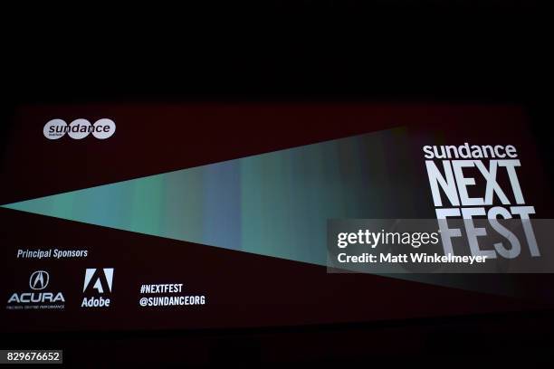 View of signage on the screen during Sundance NEXT FEST After Dark at The Theater at The Ace Hotel on August 10, 2017 in Los Angeles, California.