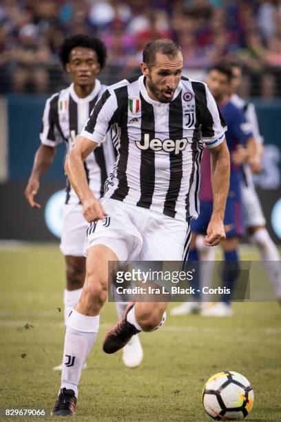 Captain Giorgio Chiellini of Juventus comes in toward the goal during the International Champions Cup match between FC Barcelona and Juventus at the...