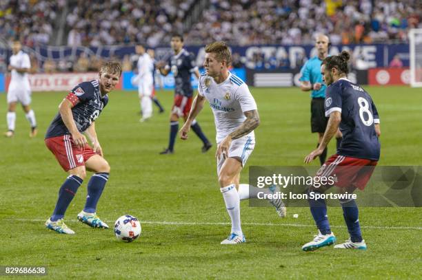 Real Madrid midfielder Toni Kroos dribbles the ball in the first half during a soccer match between the MLS All-Stars and Real Madrid on August 02 at...