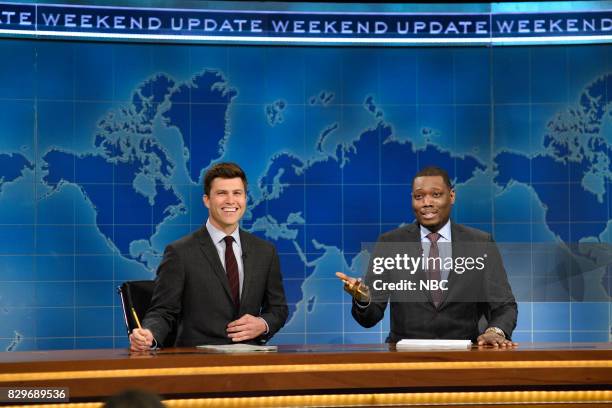 Episode 101 -- Pictured: Colin Jost, Michael Che from Studio 8H on August 10, 2017 --