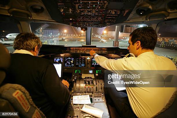 Flight captain in the cockpit of his MD11 Aeroplane before start to Munich Airport from Ezeiza International Airport on August 30, 2008 in Buenos...