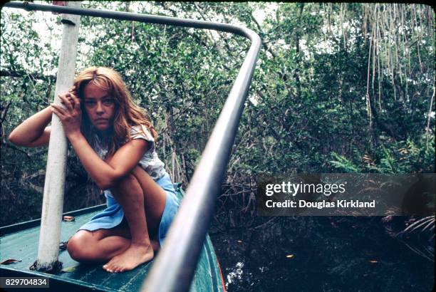 French actress Jeanne Moreau on a boat in Cuernavaca Mexico, 1965.