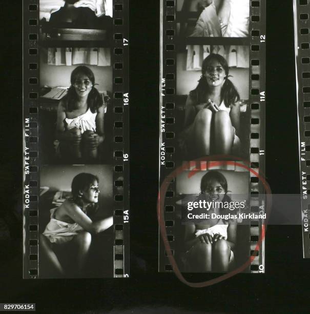 Contact sheet depicting French actress Jeanne Moreau with pigtails and a cigarette holder, Cuernavaca Mexico, 1965.