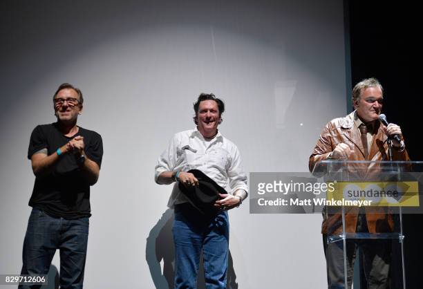 Actors Tim Roth, Michael Madsen and Vanguard Award recipient Quentin Tarantino speak onstage at Sundance NEXT FEST After Dark at The Theater at The...