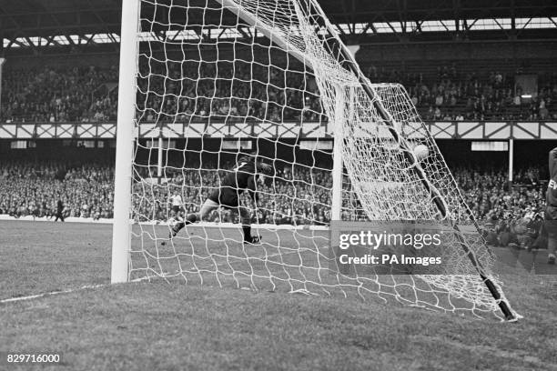 Goalkeeper Lev Yashin is beaten by West Germany's second goal, scored by Franz Beckenbauer