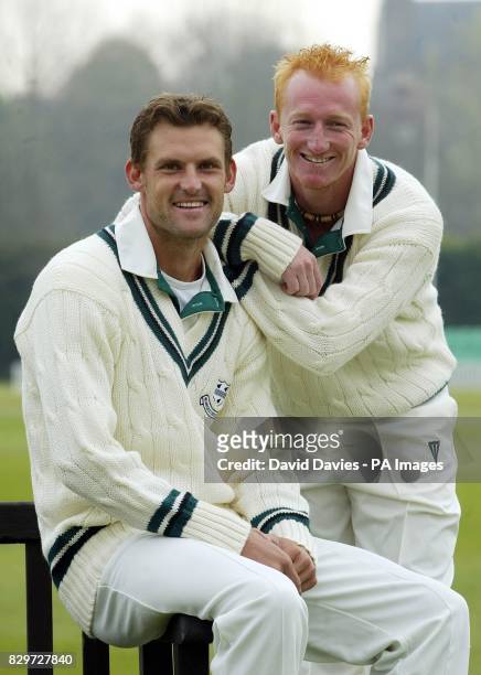 Worcestershire's Mark Harrity with team-mate Nantie Hayward of South Africa, pose during a pre-season photocall at New Road, Worcester.