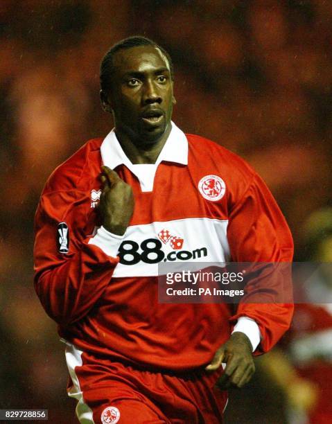 Striker Jimmy Floyd Hasselbaink celebrates scoring Middlesbrough's first goal against Banik Ostrava during the UEFA Cup First Round, First Leg, tie...