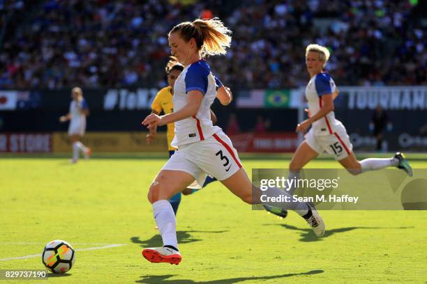 Becky Sauerbrunn the United States of Brazil dribbles the ball upfield during the first half of a match in the 2017 Tournament of Nations at Qualcomm...